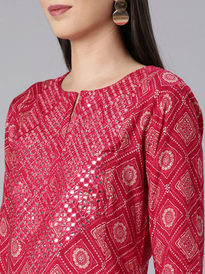 Neerus Red Straight Casual Bandhani Straight Kurtas