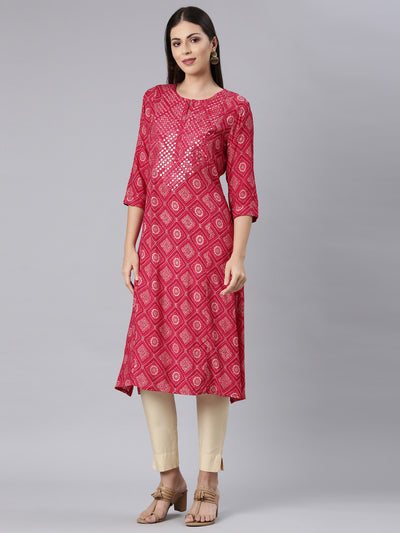 Neerus Red Straight Casual Bandhani Straight Kurtas