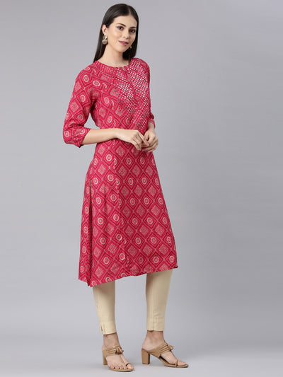 Neerus Red Straight Casual Bandhani Straight Kurtas