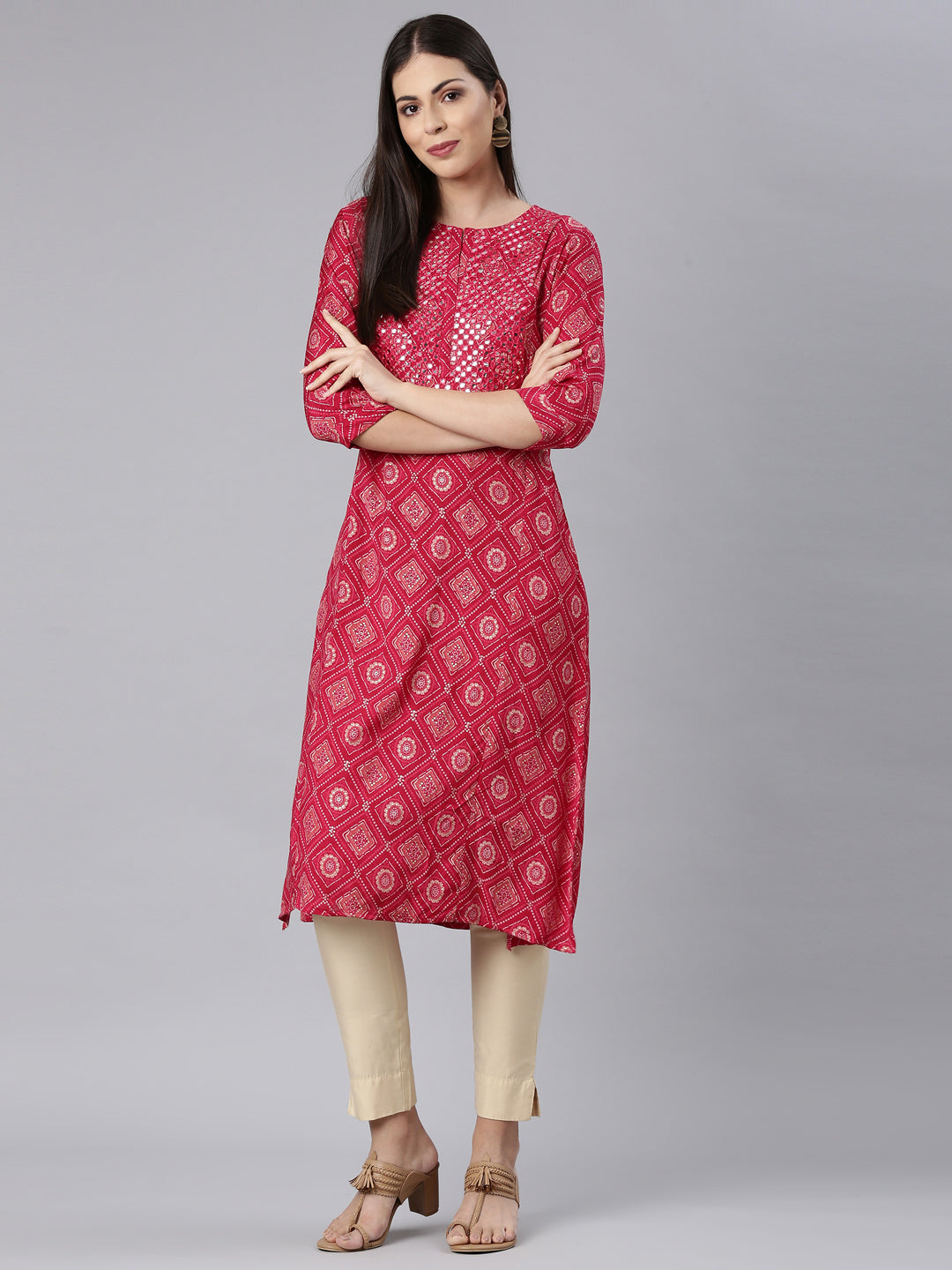 Neerus Red Straight Casual Bandhani Straight Kurtas