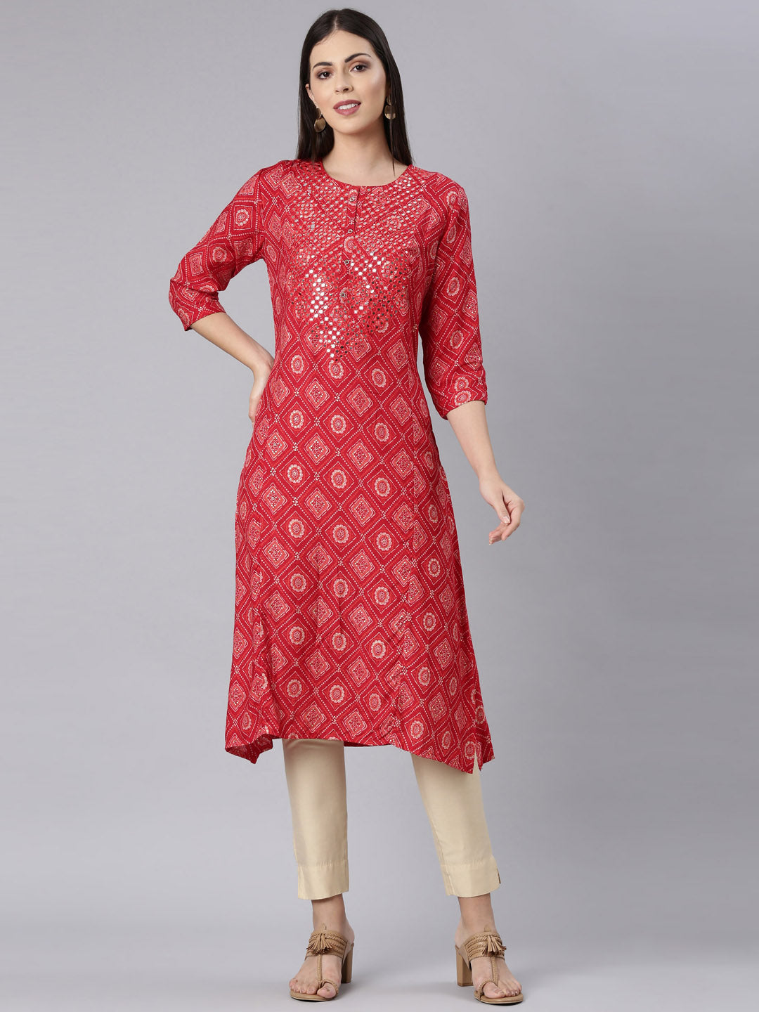 Neerus Red Straight Casual Bandhani Straight Kurtas