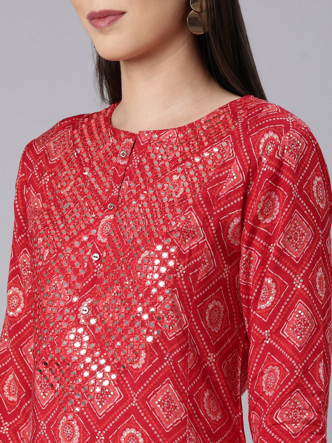 Neerus Red Straight Casual Bandhani Straight Kurtas