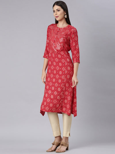 Neerus Red Straight Casual Bandhani Straight Kurtas