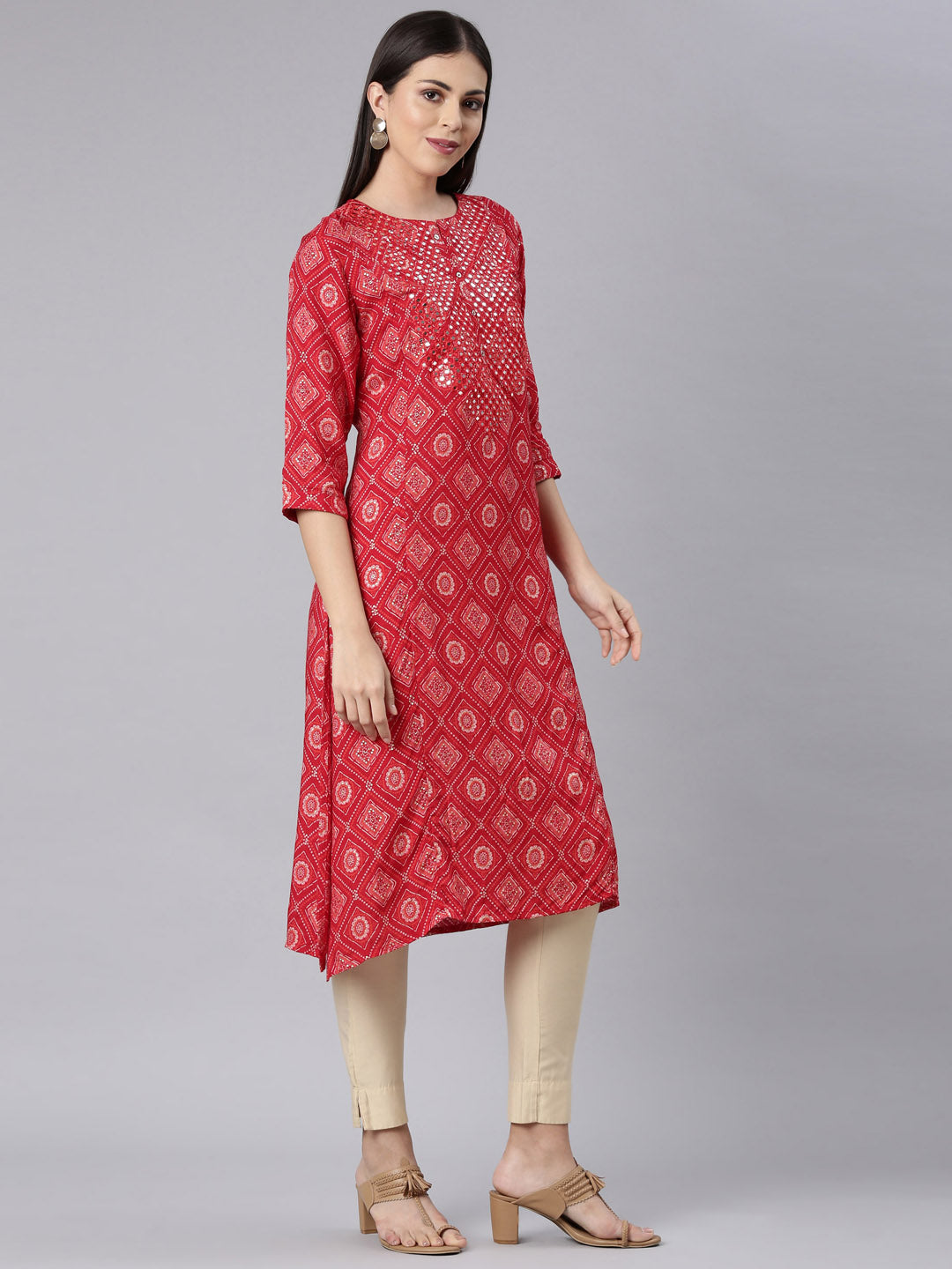 Neerus Red Straight Casual Bandhani Straight Kurtas