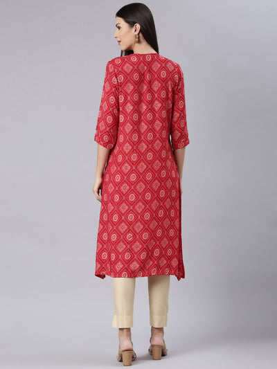 Neerus Red Straight Casual Bandhani Straight Kurtas