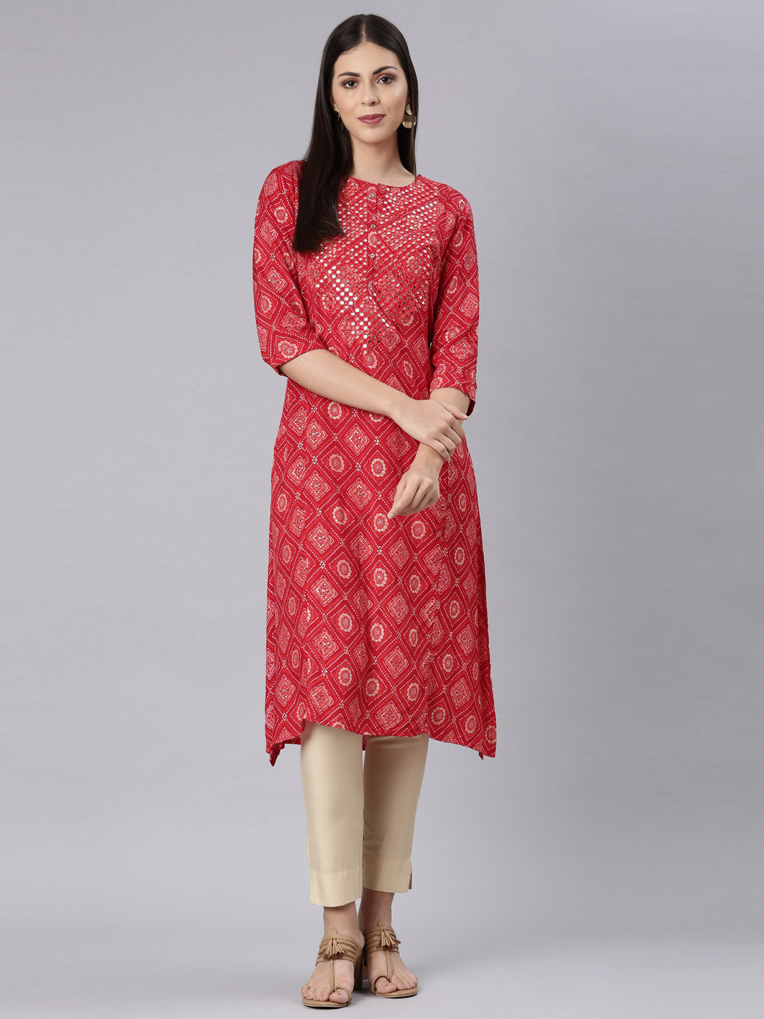 Neerus Red Straight Casual Bandhani Straight Kurtas