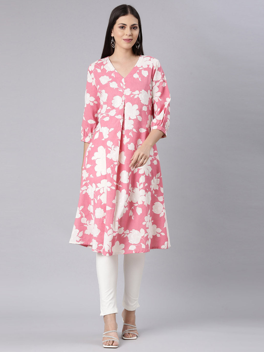 Neerus Pink Curved Casual Floral Anarkali Kurtas