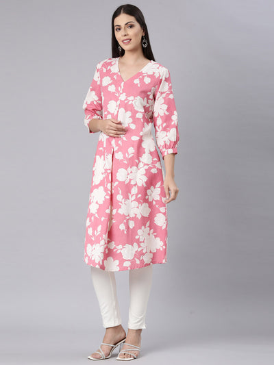 Neerus Pink Curved Casual Floral Anarkali Kurtas