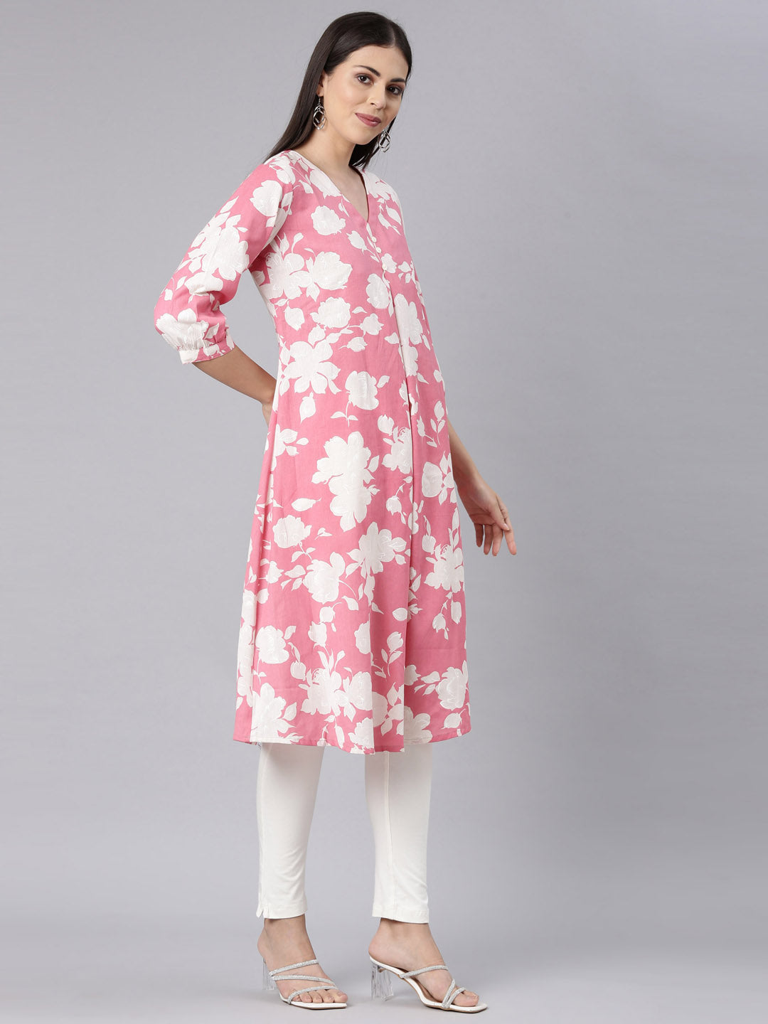 Neerus Pink Curved Casual Floral Anarkali Kurtas