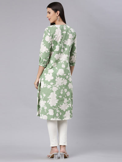 Neerus Green Curved Casual Floral Anarkali Kurtas