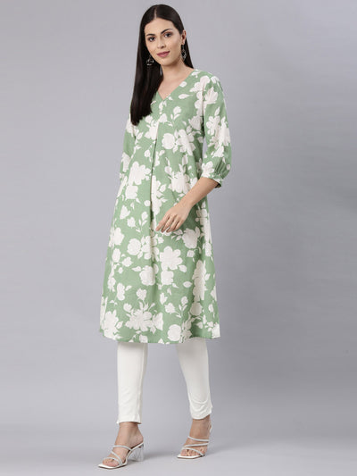 Neerus Green Curved Casual Floral Anarkali Kurtas