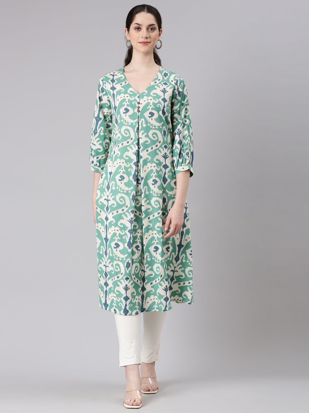 Neerus Green Curved Casual Tribal Panelled Kurtas