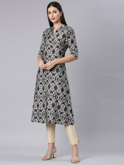 Neerus Navy Blue Straight Casual Chevron Anarkali Kurtas