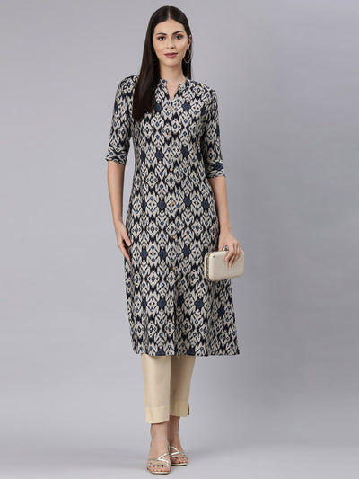 Neerus Navy Blue Straight Casual Chevron Anarkali Kurtas