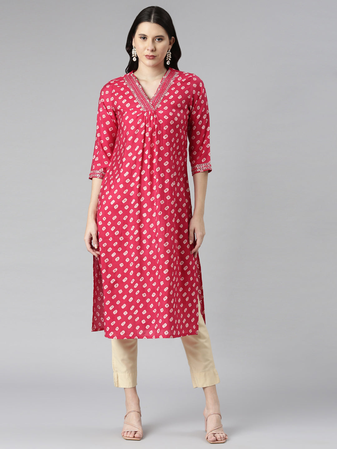 Neerus Pink Casual Solid Straight Kurtas