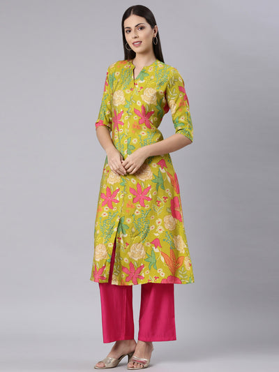 Neerus Green Straight Casual Floral Straight Kurtas