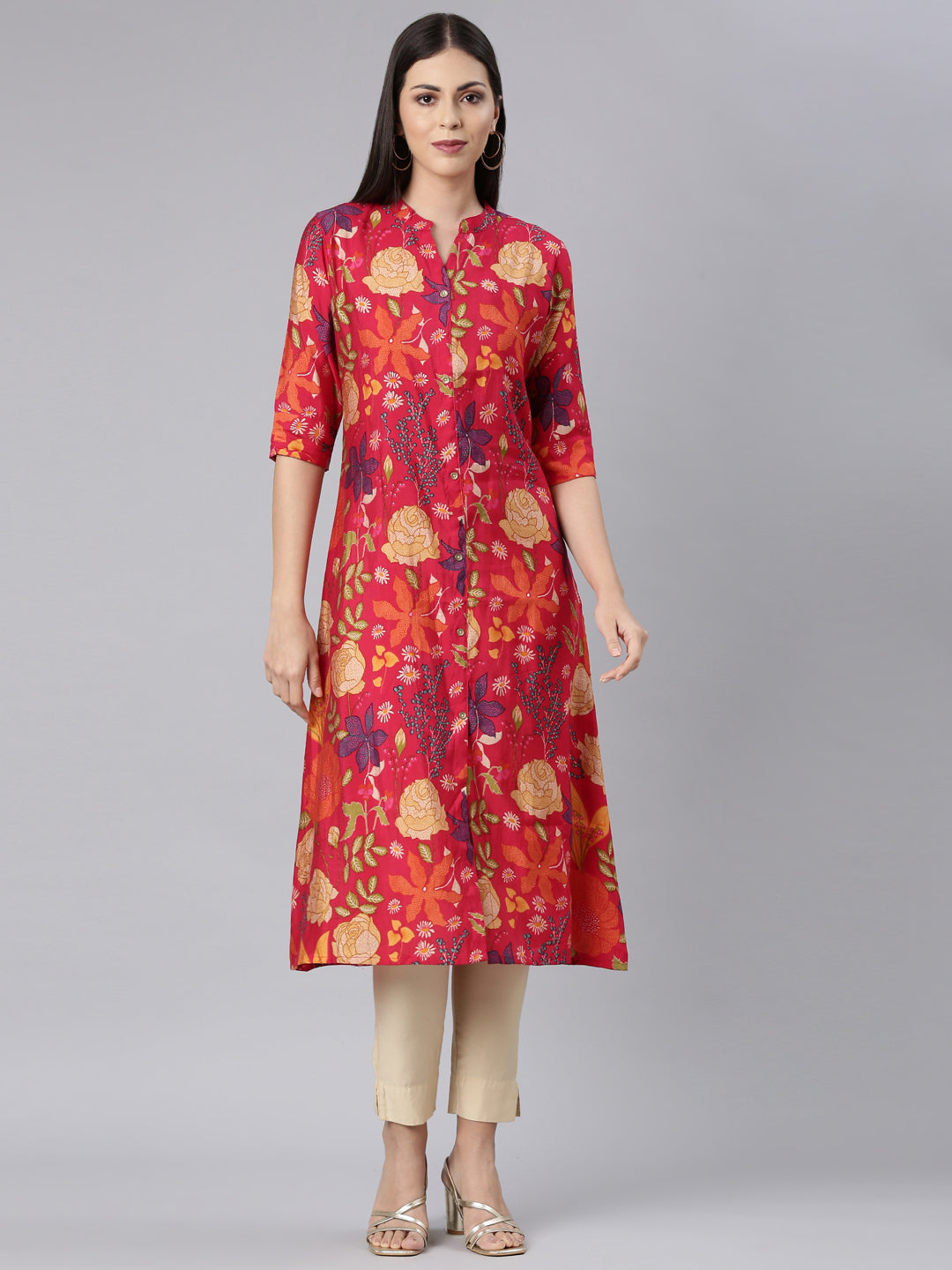 Neerus Red Straight Casual Floral Straight Kurtas