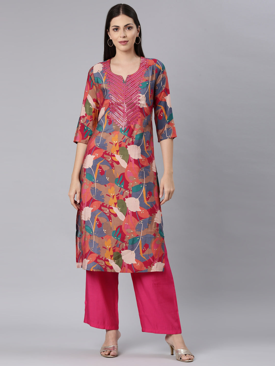 Neerus Red Straight Casual Floral Straight Kurtas