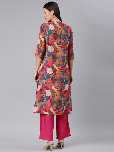 Neerus Red Straight Casual Floral Straight Kurtas