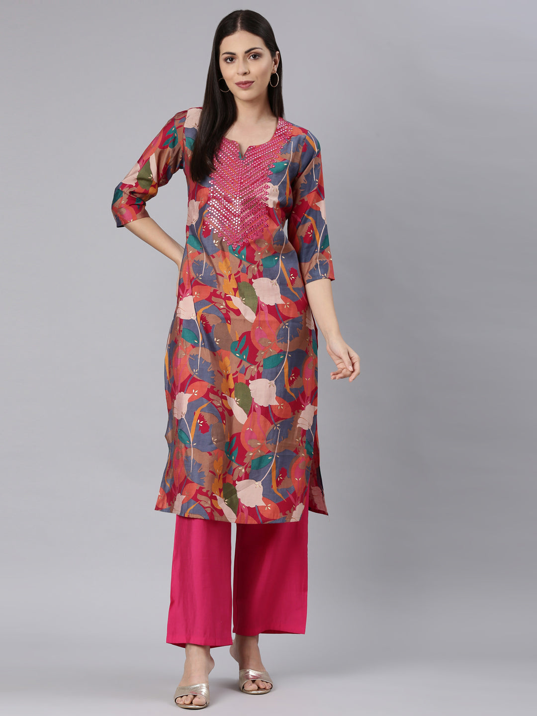 Neerus Red Straight Casual Floral Straight Kurtas