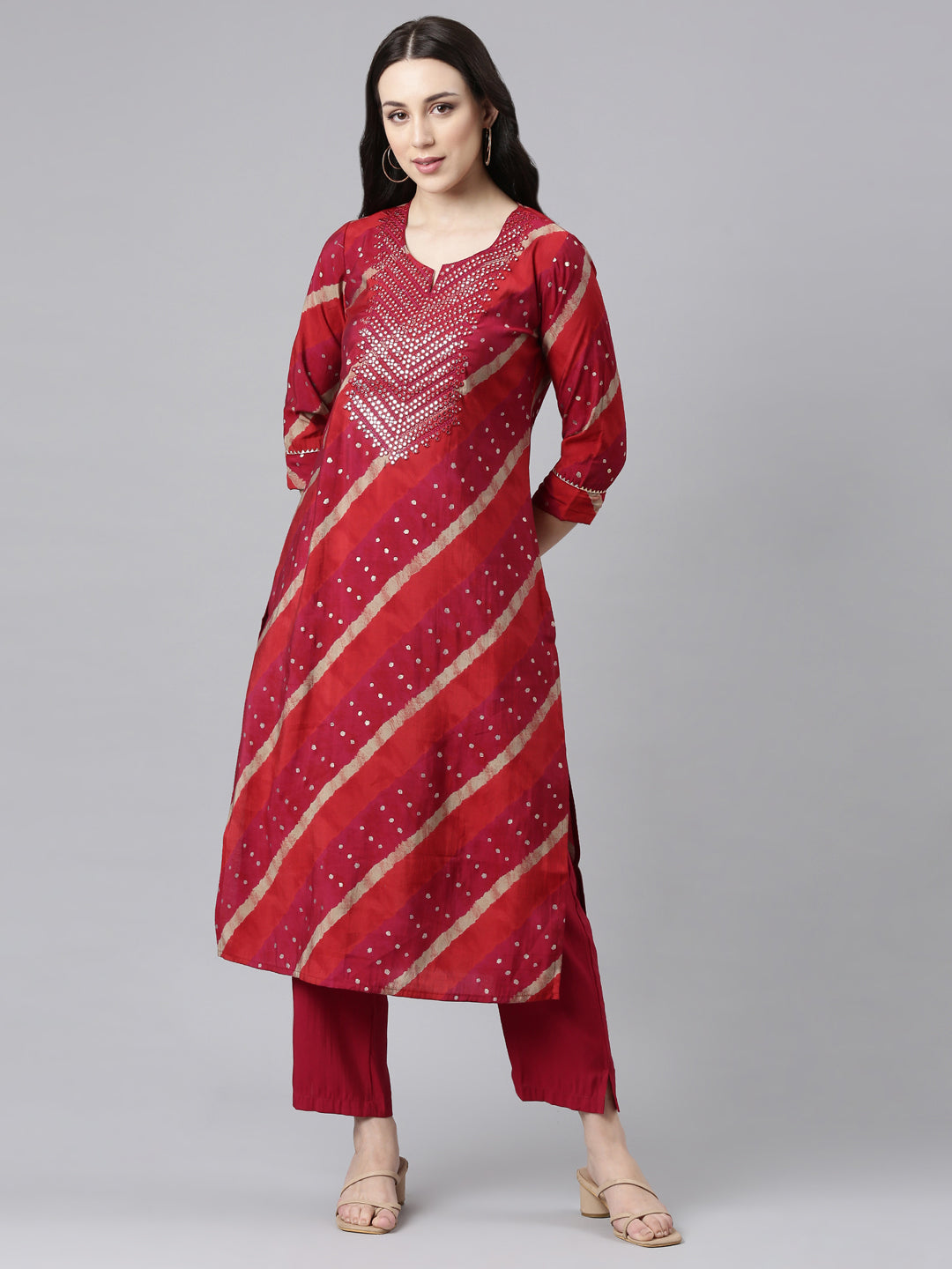 Neerus Pink Panelled Straight Kurta and Trousers