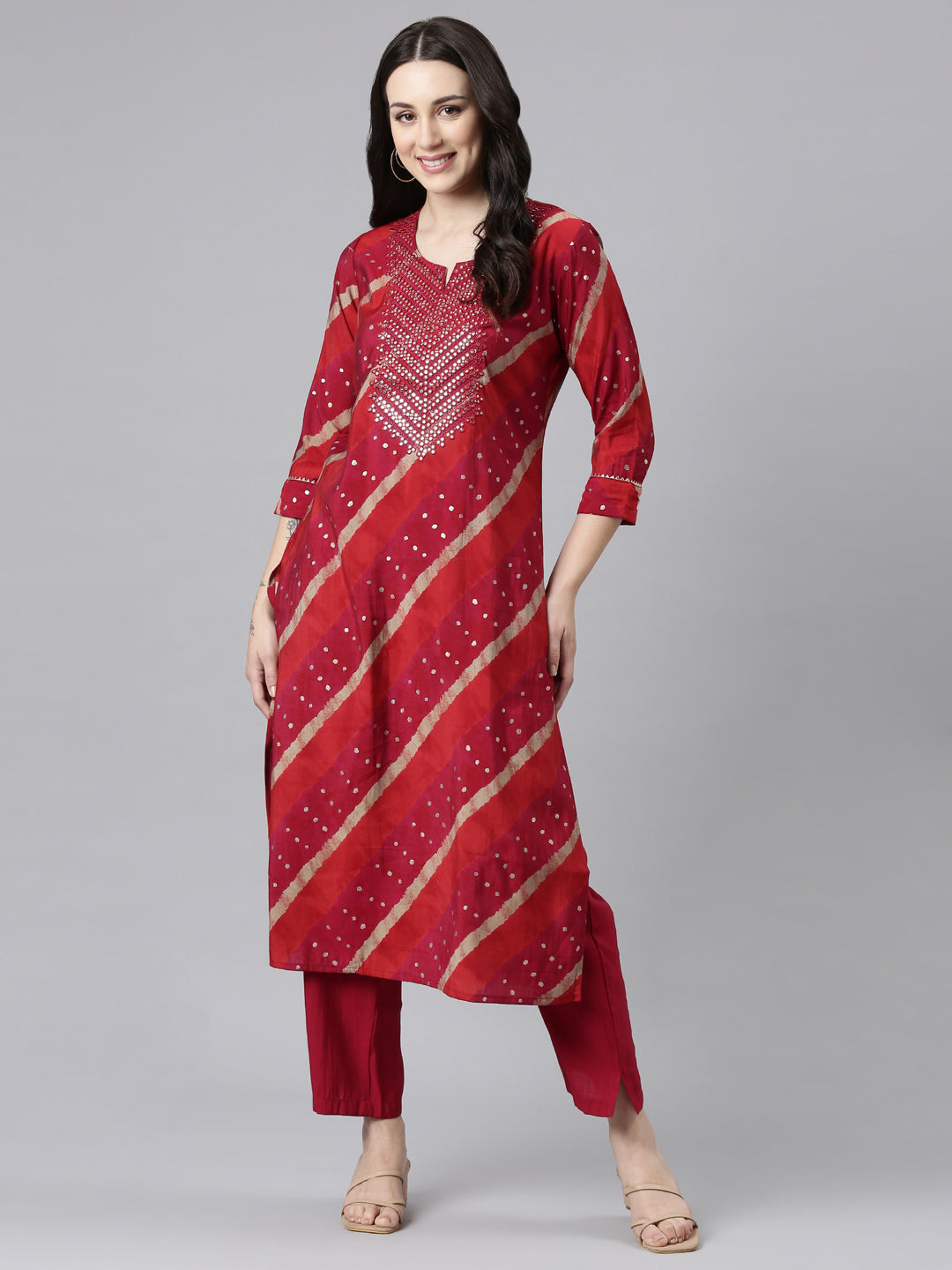 Neerus Pink Panelled Straight Kurta and Trousers