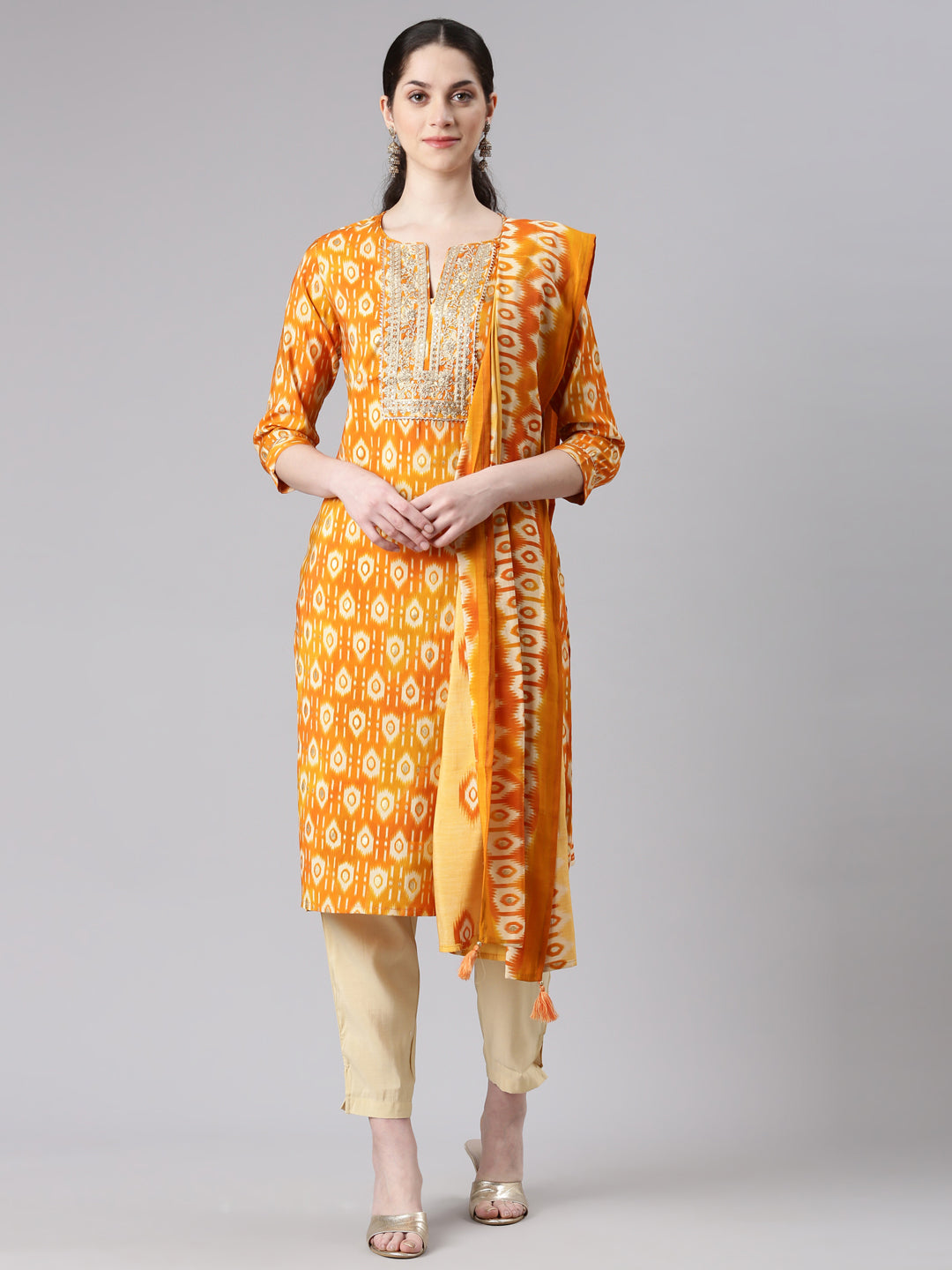 Neerus Women Mustard Straight Kurta and Trousers With Dupatta