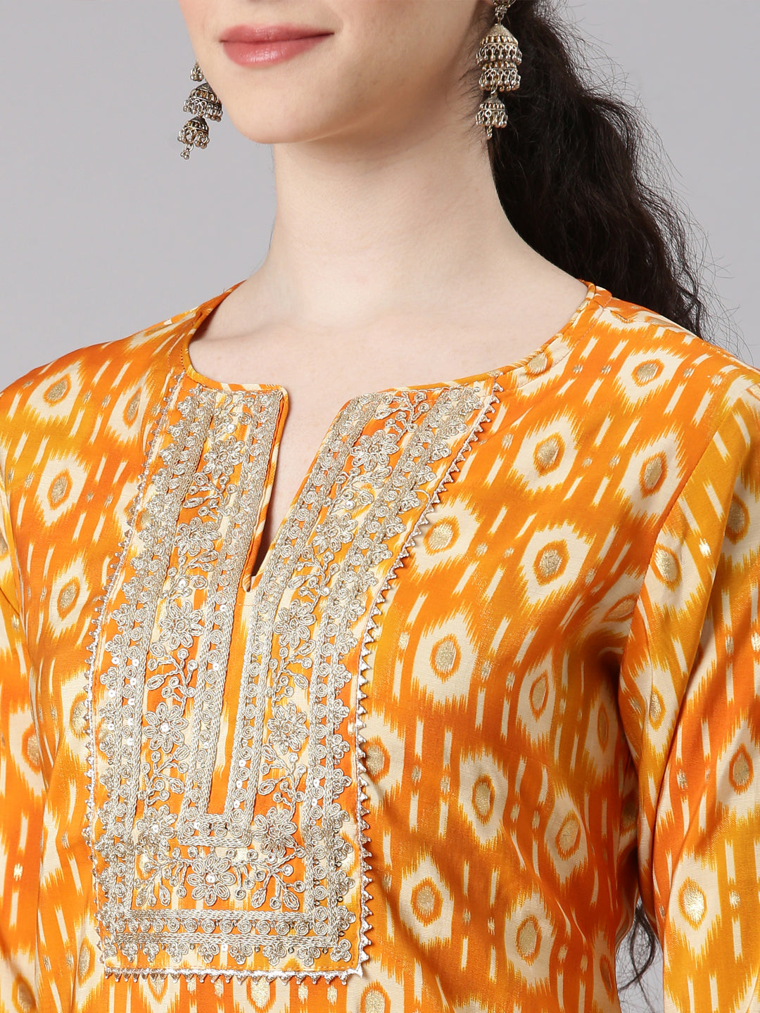 Neerus Women Mustard Straight Kurta and Trousers With Dupatta