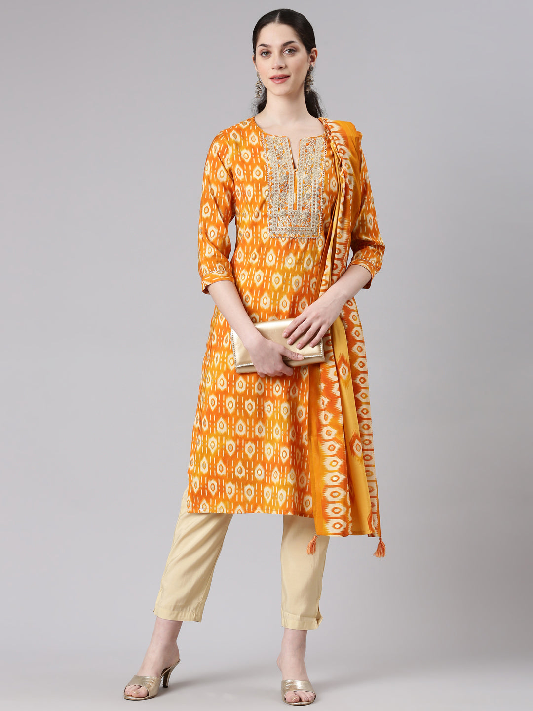 Neerus Women Mustard Straight Kurta and Trousers With Dupatta