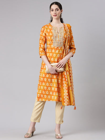 Neerus Women Mustard Straight Kurta and Trousers With Dupatta