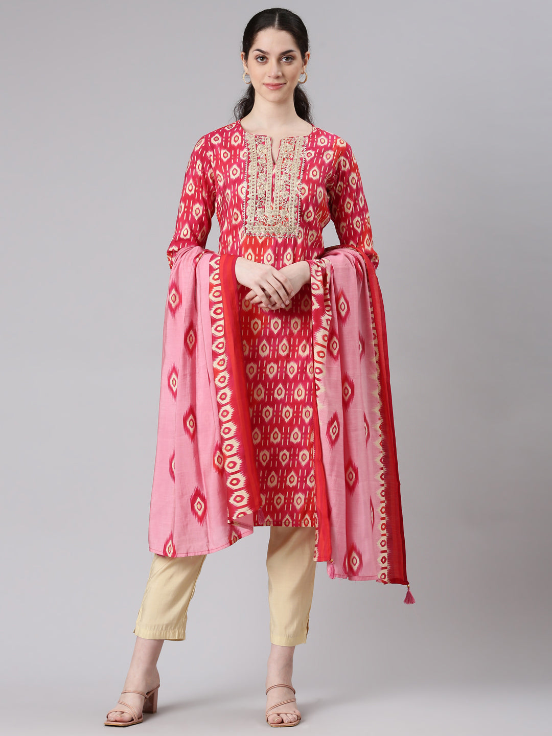 Neerus Women Pink Straight Kurta and Trousers With Dupatta