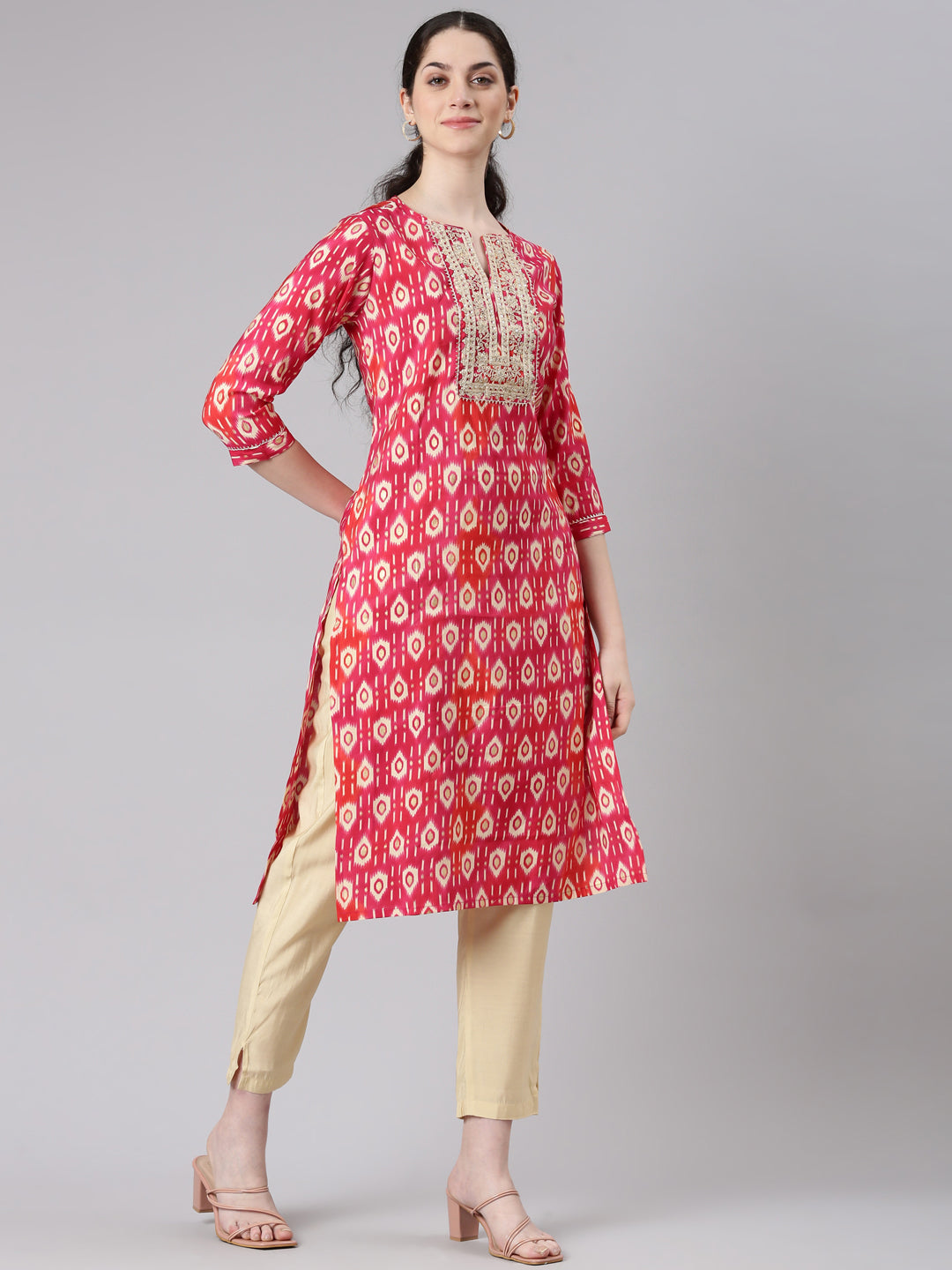 Neerus Women Pink Straight Kurta and Trousers With Dupatta