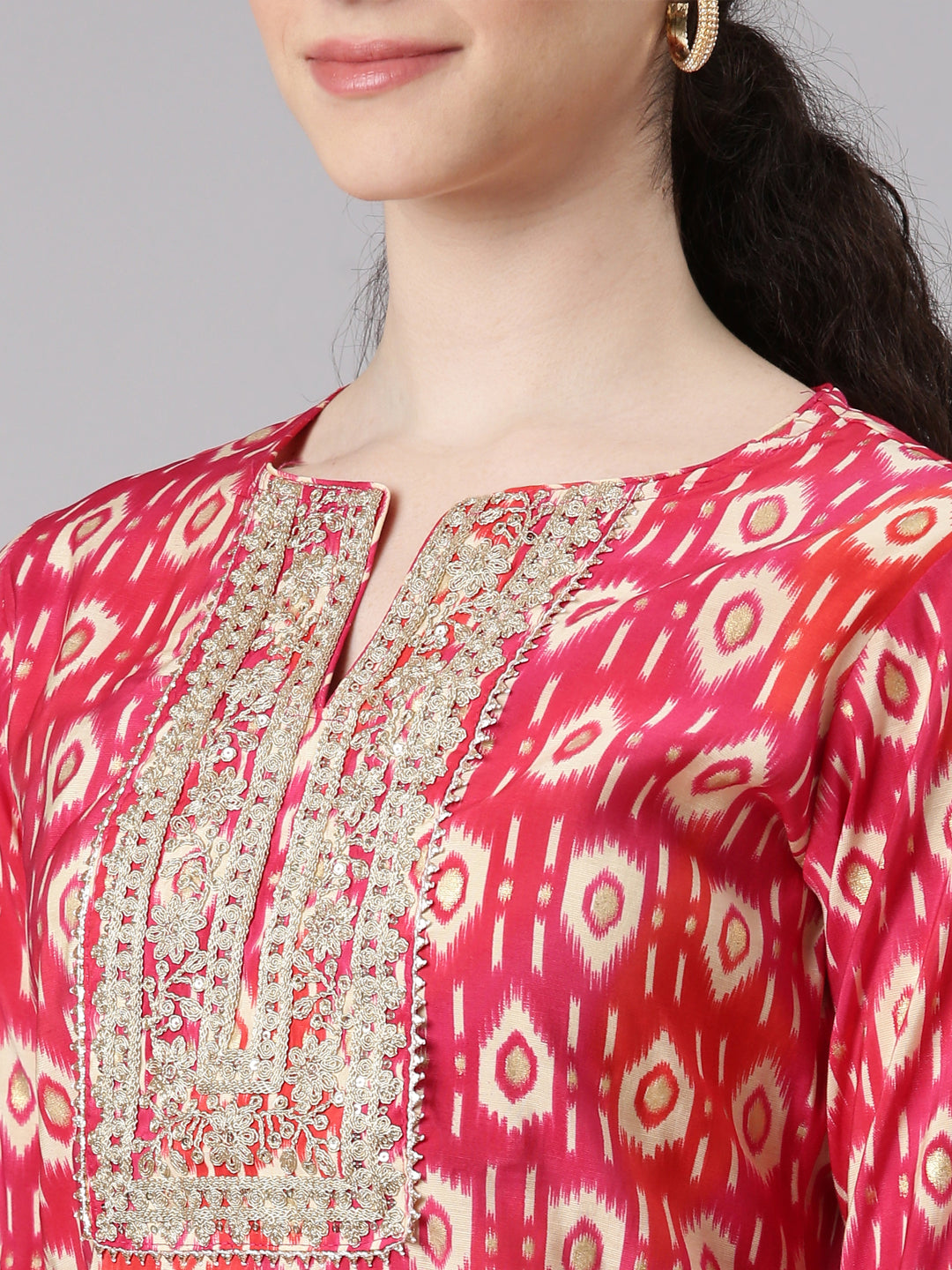 Neerus Women Pink Straight Kurta and Trousers With Dupatta