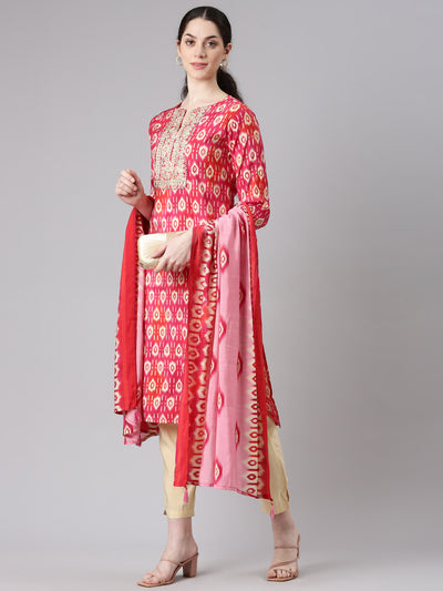 Neerus Women Pink Straight Kurta and Trousers With Dupatta