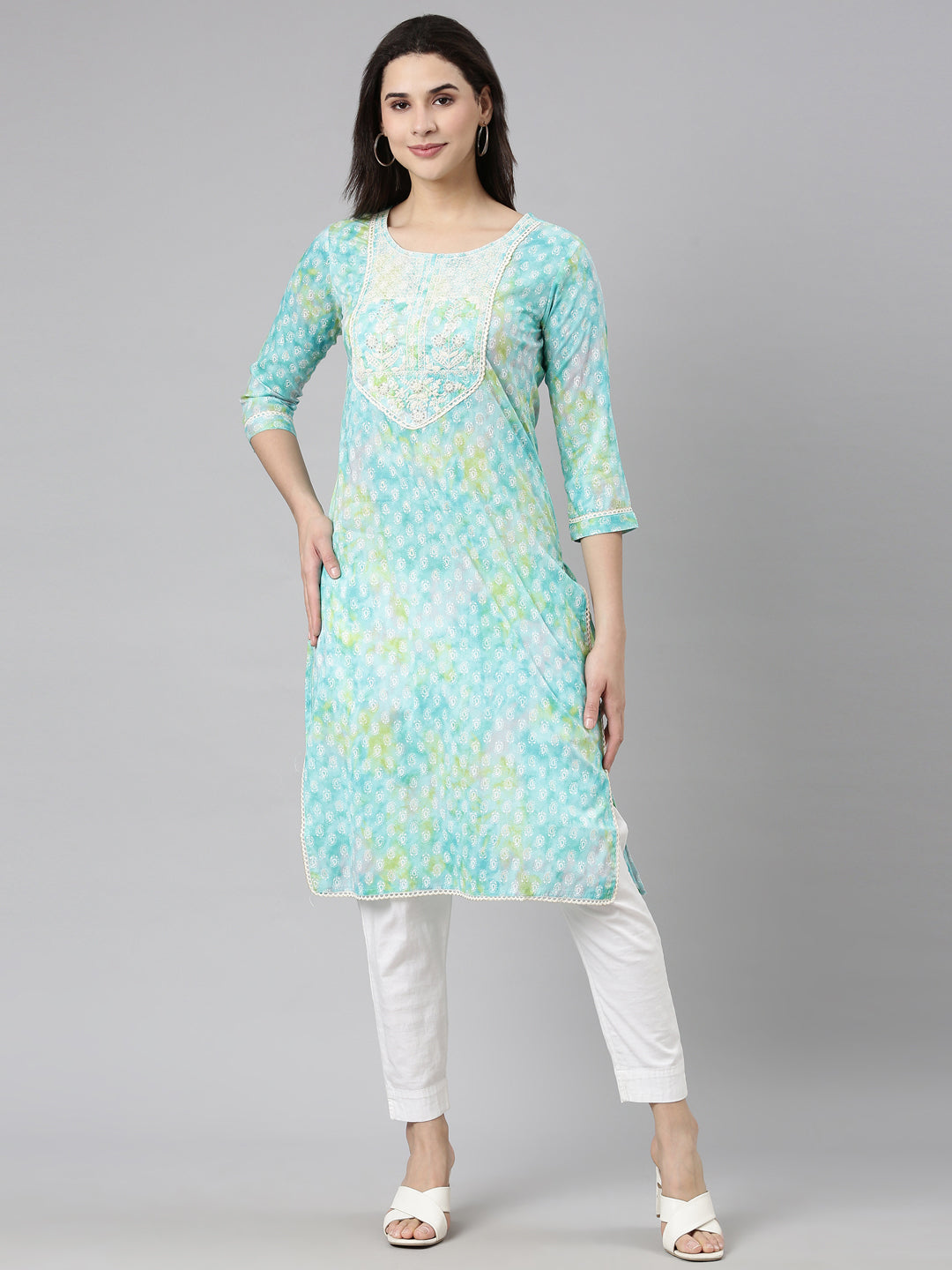 Neerus Turquoise Blue Regular Straight Paisley Kurtas