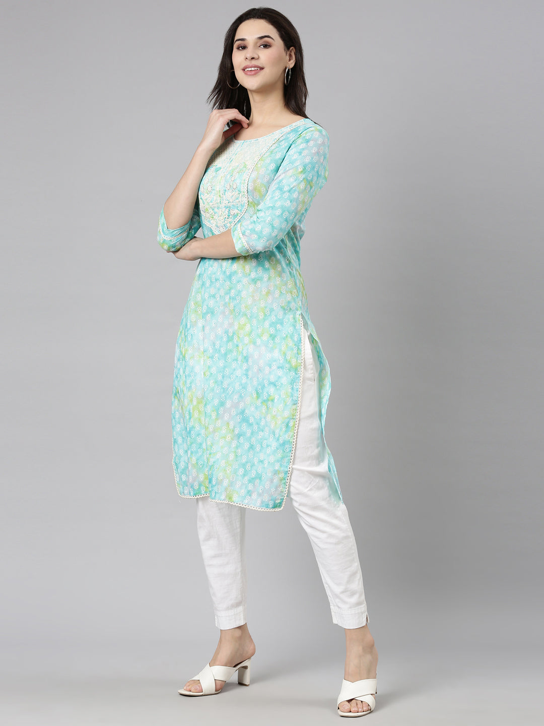 Neerus Turquoise Blue Regular Straight Paisley Kurtas