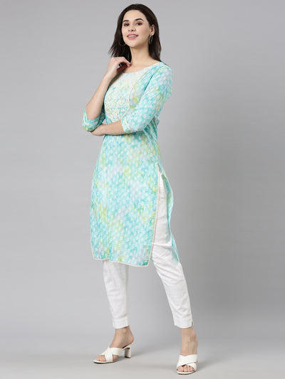 Neerus Turquoise Blue Regular Straight Paisley Kurtas