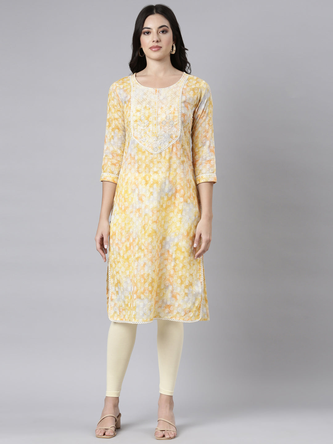 Neerus Yellow Regular Straight Paisley Kurtas