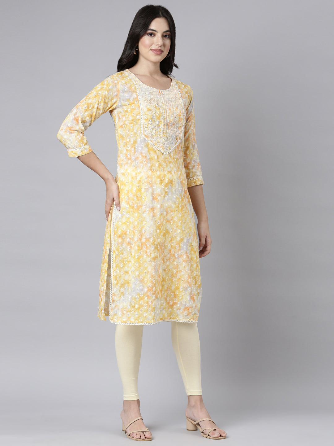 Neerus Yellow Regular Straight Paisley Kurtas