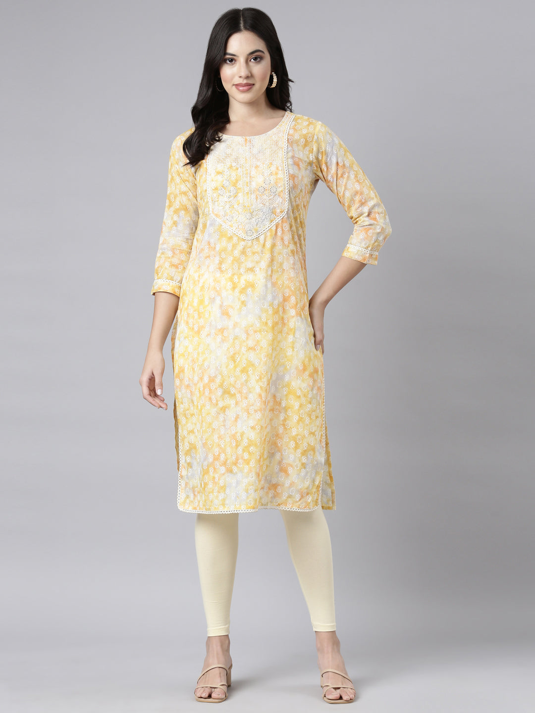 Neerus Yellow Regular Straight Paisley Kurtas