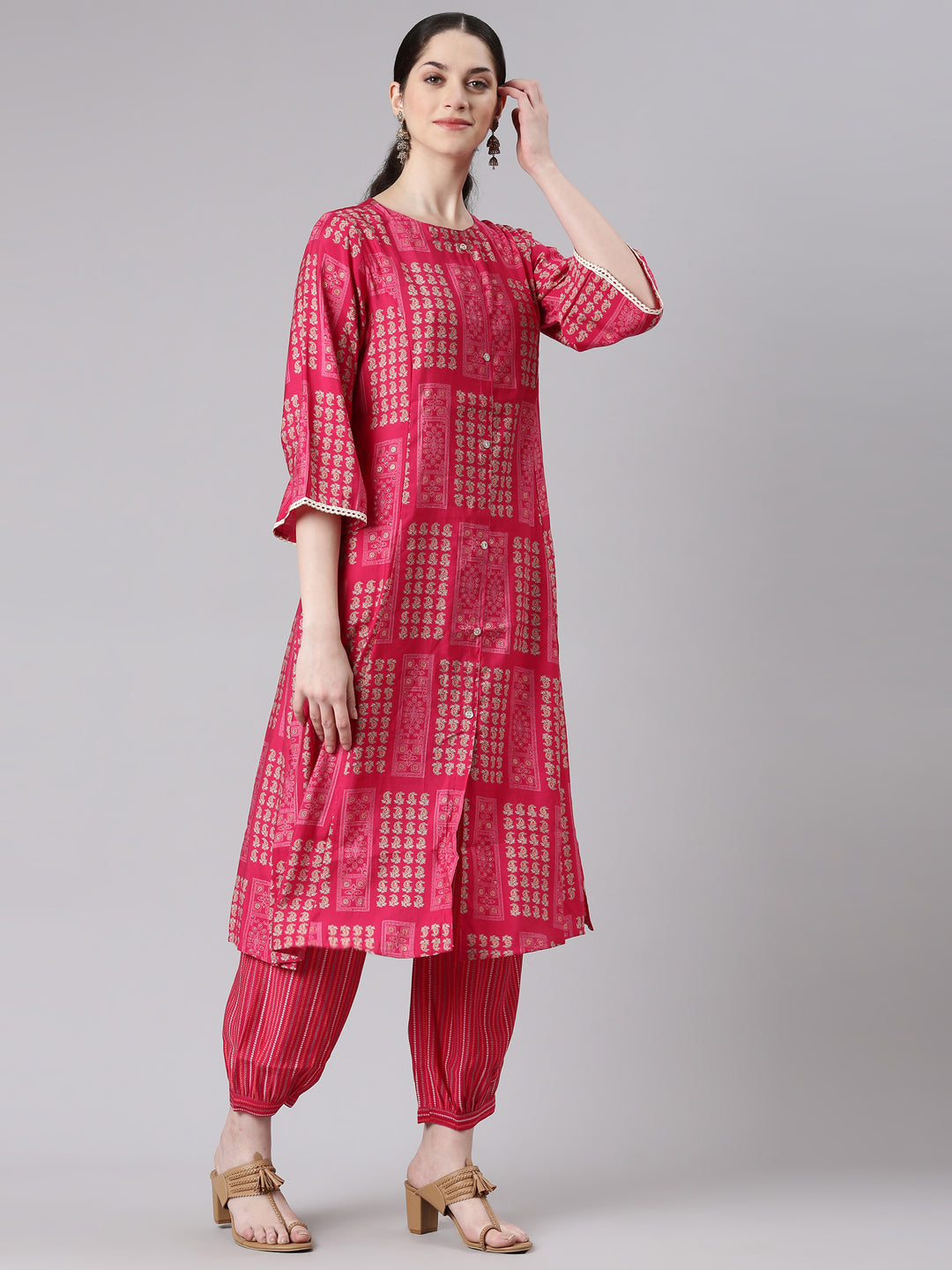 Neerus Women Magenta Straight Kurta and Trousers With Dupatta