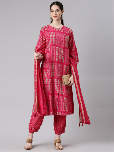 Neerus Women Magenta Straight Kurta and Trousers With Dupatta