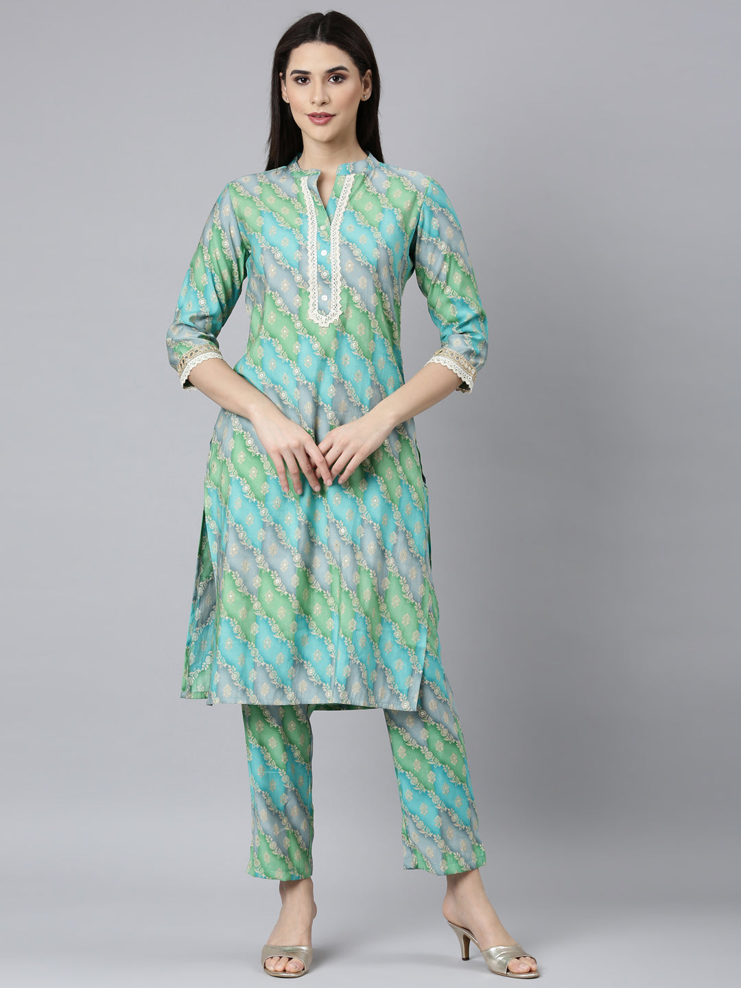 Neerus Turquoise Blue Regular Straight Floral Kurta And Trousers