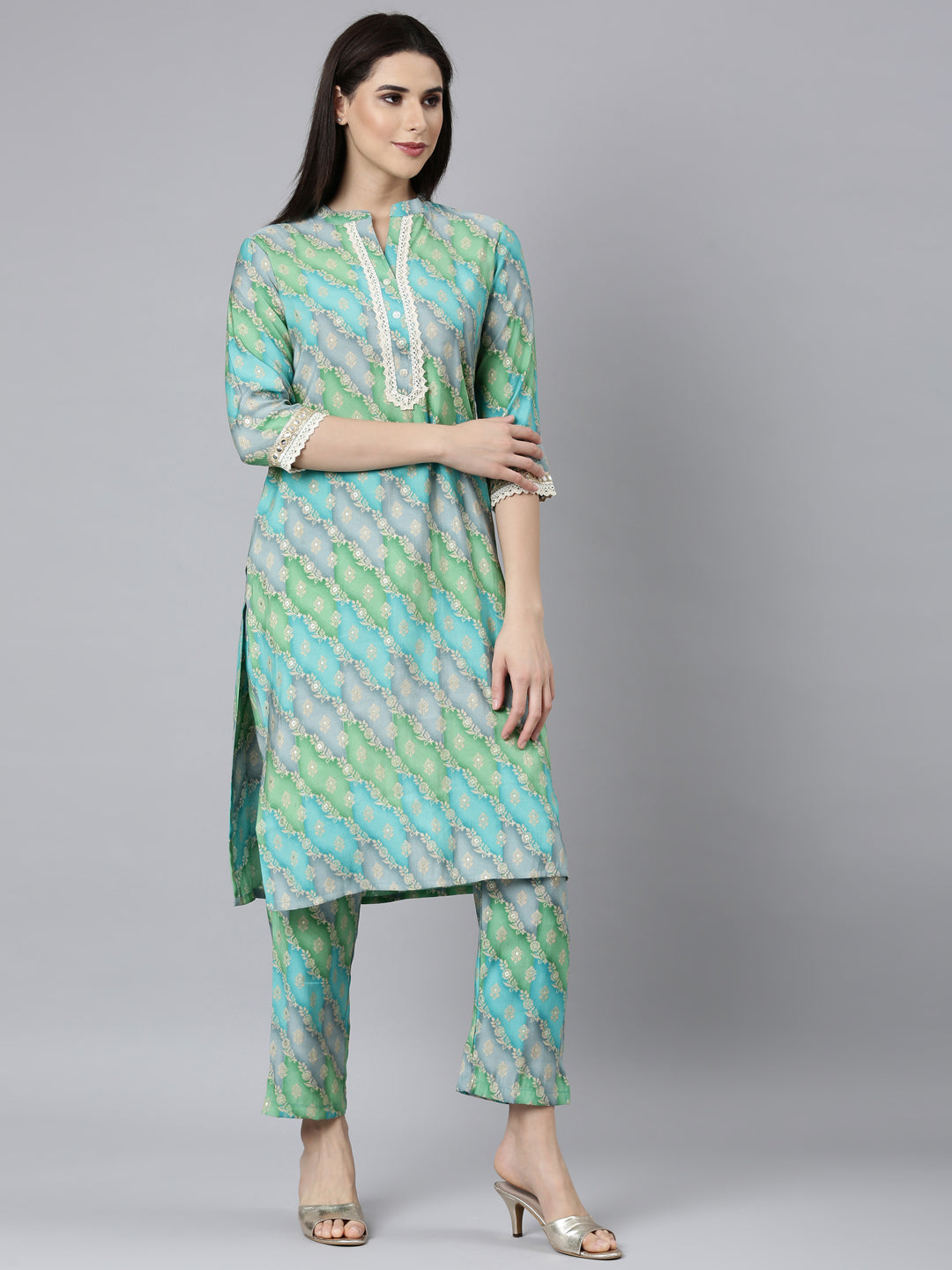 Neerus Turquoise Blue Regular Straight Floral Kurta And Trousers