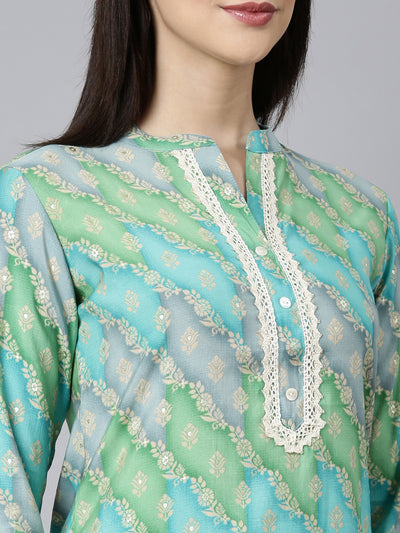 Neerus Turquoise Blue Regular Straight Floral Kurta And Trousers