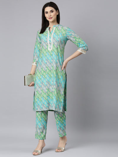 Neerus Turquoise Blue Regular Straight Floral Kurta And Trousers