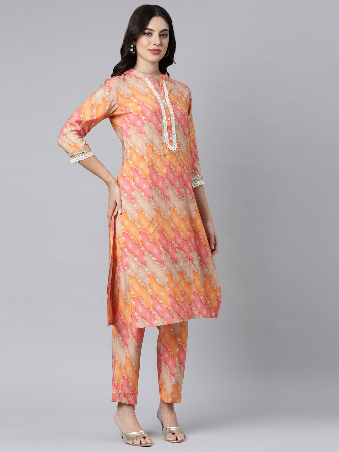 Neerus Orange Regular Straight Floral Kurta And Trousers