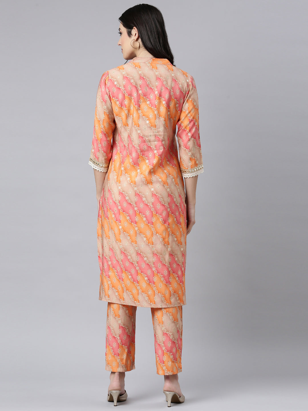 Neerus Orange Regular Straight Floral Kurta And Trousers