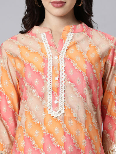 Neerus Orange Regular Straight Floral Kurta And Trousers