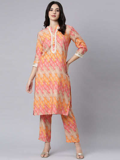 Neerus Orange Regular Straight Floral Kurta And Trousers